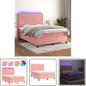 vidaXL Luxe Boxspring - Boxspring - Boxspring met matras en LED fluweel roze 140x200 cm - Velvet Boxspring - Rozenkleurige Boxspring - Led Boxspring