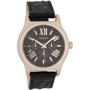 OOZOO Timepieces - Rosé goudkleurige horloge met zwarte leren band - C7614
