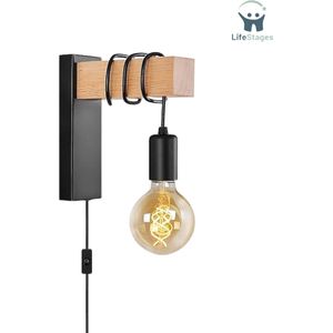 LifeStages - Wandlamp Binnen met Snoer - Retro Wandlamp voor Binnen met Schakelaar en Stekker - Industrieel Retro Lamp Wandlampen van Metaal en Hout - Wandlamp met Snoer van 1,8 m - E27 - voor Slaapkamer, Trappenhuis, en Woonkamer - Zwart