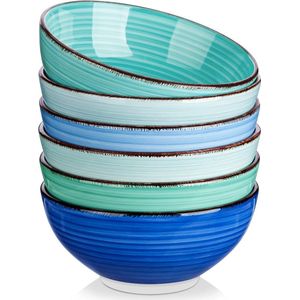 EliteNest® - Kommenset - 6-delig - Vintage Blauwe Keramiek - 800ml - Oven Change Glazuur - Soep-, Fruit-, Noedel- & Ramenkommen