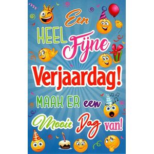 Een hele fijne verjaardag! Maak er een mooie dag van! Een kleurrijke kaart met smileys, slingers en ballonnen. Een leuke kaart om zo te geven of om bij een cadeau te voegen. Een dubbele wenskaart inclusief envelop en in folie verpakt.