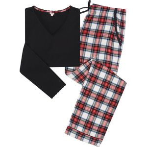 La-V pyjamasets voor dames met geruite flanel broek en top met kant zwart/rood XL