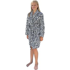 Kinderbadjas panter print zwart/wit – 100% flanel fleece – badjas kind luipaard – Badrock kindermodel – fleecebadjas kind - M (7-8 jaar) 122-128