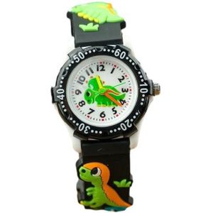 Dinosaurus horloge - 3D - kinderen - zwart/groen - analoog - 28 mm - I-deLuxe verpakking