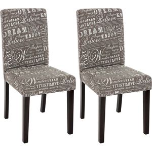 Cosmo Casa Set Van 2 Eetkamerstoelen - Keukenstoelen - Textiel Met Belettering - Grijs - Donkere Poten