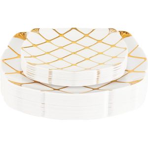 MATANA 40 Premium Vierkante Witte Plastic Borden met Gouden Patroon -2 Maten, 26cm & 18cm - Elegant & Herbruikbaar - Bruiloften, Verjaardagen, Kerstmis, Feesten