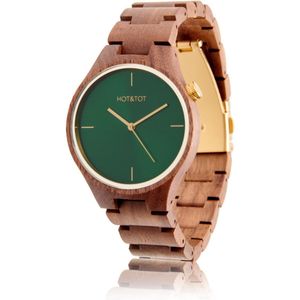HOT&TOT | Silva - Houten horloge voor dames / heren - 40mm - Notenhout (walnoot) - Groen - Goud