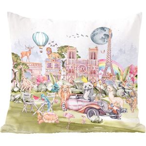 Kussen voor kinderkamers - Woondecoratie - Parijs - Regenboog - Kinderen - Roze - Meisjes - Dieren - 40x40 cm - Kussen voor kind