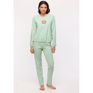 Woody pyjama meisjes/dames - lichtroze/groen gestreept - leeuw - 241-10-PZB-Z/912 - maat XL
