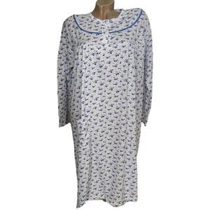 Dames katoenen nachthemd lange mouw met bloemenprint 2804 L wit/blauw