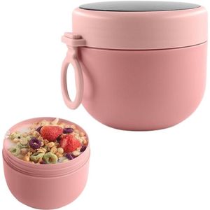 Mueslibeker to go 600 ml voor kinderen met klaplepel en yoghurtbeker om mee te nemen - Roze