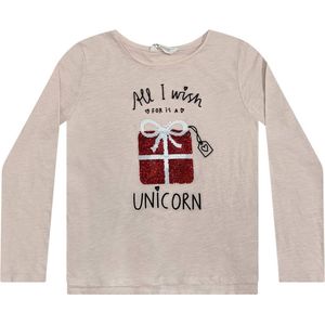 Kerst - Shirt lange mouw- Kerstpakketje op shirt van reversible pailletten - Unicorn - meisjes - roze - maat 122/128