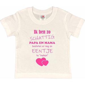 Shirt Aankondiging zwangerschap Ik ben zo schattig papa en mama besloten er nog zo eentje te ""maken"" | korte mouw | wit/roze | maat 122/128 zwangerschap aankondiging bekendmaking