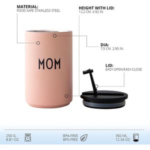 Design Letters thermomok isoleermok Nude MOM | BPA-vrij | 350 ml | Cadeaus voor mama | Deksel met eenvoudig open-/sluitsysteem Scandinavisch design, 1 stuk (1 pak)