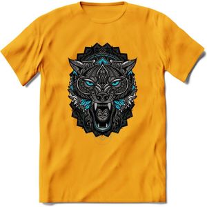 Wolf - Dieren Mandala T-Shirt | Lichtblauw | Grappig Verjaardag Zentangle Dierenkop Cadeau Shirt | Dames - Heren - Unisex | Wildlife Tshirt Kleding Kado | - Geel - XXL