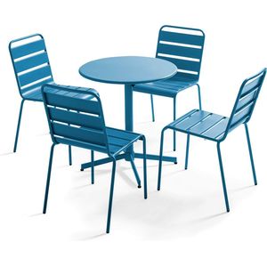 Oviala - Set van een ronde tuin tafel en 4 blauwe Pacific stoelen