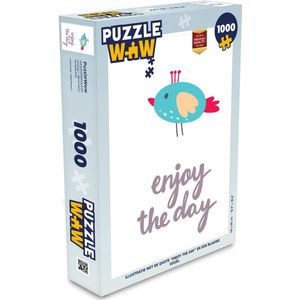 Puzzel Illustratie met de quote ""Enjoy the day"" en een blauwe vogel - Legpuzzel - Puzzel 1000 stukjes volwassenen
