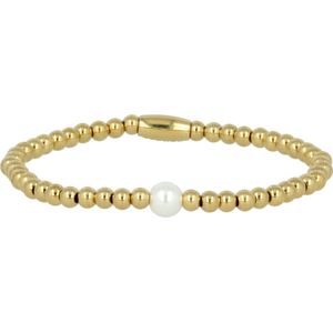Elastische goudkleurige armband met grote witte parel - Elastische goudkleurige kralenarmband met een witte parel steen - Met luxe cadeauverpakking