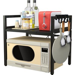 Microwave Shelf Expandable Microwave Stand 2-Tier Microwave Shelf Standing with 6 Hooks, Microwave Holder Organizer for Worktop Bakery Shelves, Extendable from 40-60cm