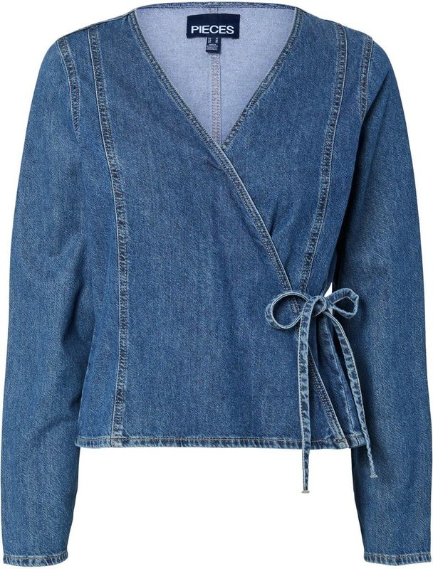 Pieces Blouse Pctabi Ls Denim Wrap Shirt 17157601 Dark Blue Denim Dames Maat - L