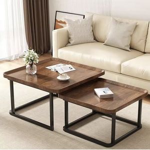Varnox Salontafel - Salontafel set - Houten tafels - Koffietafel - Bijzettafel - Nestelbare salontafel - Vierkante salontafel - 2in1 combinatie - Zwarte poot - Vierkant - Donkerbruin - 60 cm en 50 cm