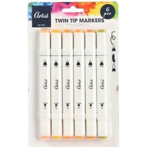 Artist - Stiften Oranje/Bruin - Twin Tip Markers - Duo Tip Markers - Alcohol Markers - Stiften Volwassenen - Markeerstiften - Kleur Stiften - Dikke Stiften - Fineliners - Kinderen - 6 kleuren