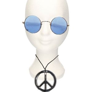 Hippie Flower Power verkleed set peace-teken ketting met ronde glazen zonnebril blauw