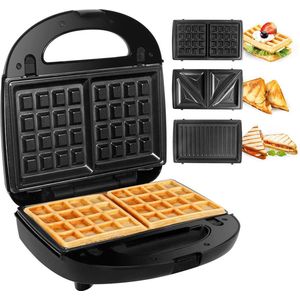 Wafelijzer met Verwisselbare Platen - Tosti Apparaat Anti Aanbak - Panini Grill - 3 Verschillende Platen - Zwart - 750W