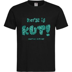T-shirt Unisex Volwassenen Kerst Kerstmis Man Vrouw Grappig Tekst ""Kerst is KUT maar wel gezellig!!"" Op Voorkant | korte mouw | Zwart/Jade (groen) GLITTER | maat XL