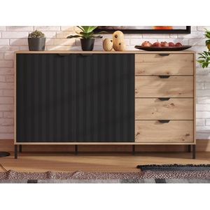 Vente-unique Buffetkast met 2 deuren en 4 lades - Naturel en zwart - MEVIELA L 157 cm x H 92.7 cm x D 40.1 cm