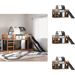 vidaXL Stapelbed - Stapelbedden - Bedframe - Kinderbedframe - Stapelbed met glijbaan en gordijnen wit en zwart 90x190 cm