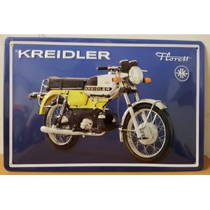 Kreidler florett bromfiets geel Reclamebord van metaal 30 x 20 cm GEBOLD BORD MET RELIEF METALEN-WANDBORD - MUURPLAAT - VINTAGE - RETRO - HORECA- WANDDECORATIE -TEKSTBORD - DECORATIEBORD - RECLAMEPLAAT - WANDPLAAT - NOSTALGIE -CAFE- BAR -MANCAVE