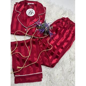 Dames 2- Delige -Pyjama- Luxe Pyjamaset- Nachtkleding- Homewear -Satijn- Rood Maat S