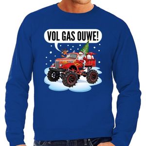 Foute Kersttrui / sweater - Santa op monstertruck / truck - vol gas ouwe - blauw voor heren - kerstkleding / kerst outfit XXL