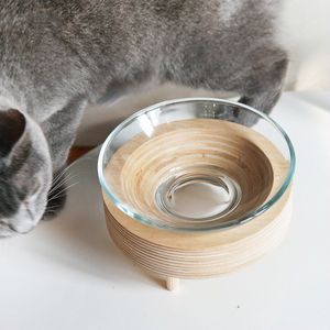 Voerbak voor honden en katten - houten en glas voerbak
