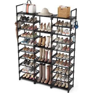 Schoenenrek, 10 niveaus schoenenopslag, doe-het-zelf metalen schoenenrekken, opslag voor 54-62 paar schoenen, ruimtebesparend, staande plank, schoenenkast met haken voor de ingang, kleedkamer en gang.