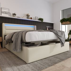 Hydraulisch opbergbed met LED-verlichtingsstrip - functioneel bed tweepersoonsbed - PU-leer gestoffeerd bed 160x200cm - wit (met afstandsbediening)