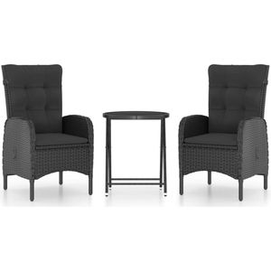 vidaXL - 3-delige - Bistroset - poly - rattan - en - glas - zwart