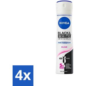 Nivea - Deodorant - Spray - Black & White Invisible Clear - Anti-Transpirant - 150 ml - Voordeelverpakking - 4 stuks