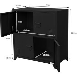 ML-Design set van 3 archiefkasten 75x40x80,5 cm zwart, staal, kantoorkast vrijstaand 4 poten, metalen locker 4 deuren, 2 compartimenten, industrieel, opbergkast stalen kast metalen kast opbergkast