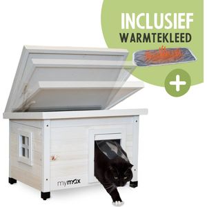 MyMax® Kattenhuisje Hout - Dierenhuis - Kattenhuis - Kattenhuis voor Buiten - Kattenhok - Met Openslaand Bitumen Dak - 57*45*43 CM - Wit