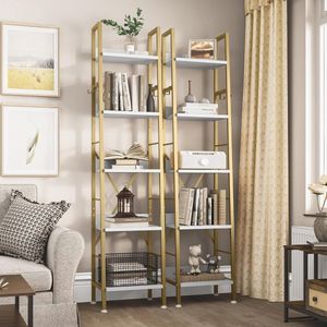 Boekenkast met 5 niveaus, industrieel ladderrek, vrijstaande boekenkast, houten planken en metalen frame, boekenkast, moderne plank voor woonkamer, hal, kantoor, gouden boekenkast