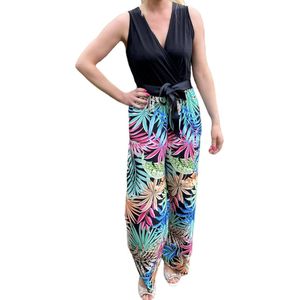 Jumpsuit, tropical print, zwart, One size