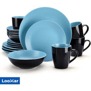 LooMar Luxe Serviesset – 16 delig – 4 persoons – Porselein - Bordenset – Dinner platen – Dessertborden - Kommen - Mokken - Set - Blauw - Zwart