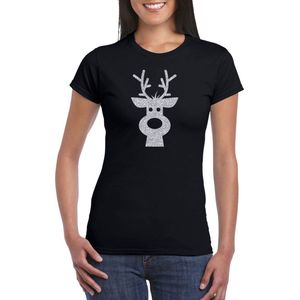 Rendier hoofd Kerst t-shirt - zwart met zilveren glitter bedrukking - dames - Kerstkleding / Kerst outfit XS