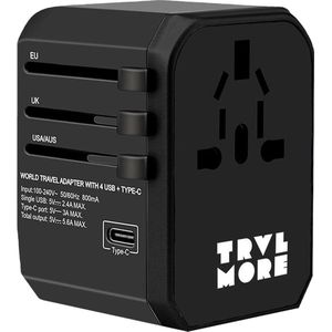 TRVLMORE Universele Wereldstekker - USB-C en 4 USB Poorten - 2000W - Reisadapter voor 150+ landen - Amerika, Engeland, Zuid-Afrika - Zwart