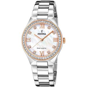 Festina dames horloge solar energy stalen band bicolor  kast