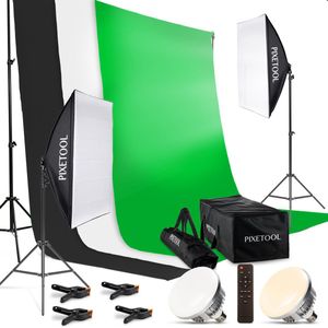PIXETOOL Green Screen 2,8 x 1,8M met achtergrondsysteem 2 x 2M – Fotostudio Set – Greenscreen Set – Inclusief Wit en Zwart achtergronddoek, Softbox, Lamphouders, LED lampen & Draagtas