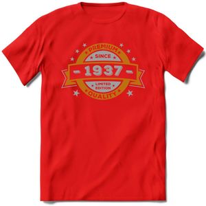 Premium Since 1937 T-Shirt | Goud - Zilver | Grappig Verjaardag Kleding Cadeau Shirt | Dames - Heren - Unisex Tshirt | - Rood - L
