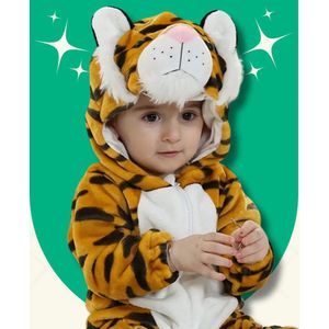 BoefieBoef Tijger Oranje Dieren Onesie & Pyjama voor Baby & Dreumes en Peuter tm 18 maanden - Kinder Verkleedkleding - Dieren Kostuum Pak - Zwart